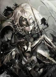 Rule 34 | 1girl, armor, armored dress, black dress, dress, fate/grand order, fate (series), gauntlets, grey eyes, holding, holding sword, holding weapon, jeanne d&#039;arc (fate), jeanne d&#039;arc alter (avenger) (fate), jeanne d&#039;arc alter (avenger) (first ascension) (fate), jeanne d&#039;arc alter (fate), kataru (ubw-emiya), looking at viewer, silver hair, smile, solo, sword, weapon