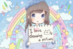 Rule 34 | 1girl, balloon, beret, blue hat, blush, braid, brown hair, cloud, colored pencil, commentary request, english text, hat, head tilt, heart, highres, holding, komugi ko, long hair, long sleeves, looking at viewer, low twintails, notebook, original, parted lips, pencil, plaid headwear, polka dot, polka dot shirt, purple eyes, purple shirt, rainbow, shirt, sidelocks, solo, star (symbol), star in eye, star print, symbol in eye, twin braids, twintails, ufo, unmoving pattern, upper body