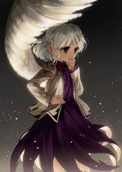 Rule 34 | 1girl, black background, covering own mouth, dress, feathered wings, jacket, kishin sagume, long sleeves, open clothes, open jacket, purple dress, red eyes, single wing, solo, suna (s73d), touhou, white hair, white wings, wings