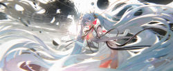 Rule 34 | 1girl, blue eyes, blue hair, bow, breasts, cowboy shot, dress, earrings, elbow gloves, floating hair, gloves, hair ornament, hand up, hatsune miku, headgear, highres, jewelry, leaning forward, long hair, looking afar, motion blur, orb, outstretched arm, red bow, red thighhighs, side slit, solo, thighhighs, twintails, very long hair, vocaloid, white background, white dress, white gloves, white thighhighs, ying yi