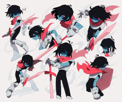 Rule 34 | 1other, armor, black bodysuit, black hair, blood, blue skin, bodysuit, closed mouth, colored skin, deltarune, gloves, hair between eyes, hair over eyes, holding, holding shield, holding sword, holding weapon, kris (deltarune), multiple views, parted lips, red eyes, red scarf, scarf, senjochi janai, shield, signature, simple background, sword, torn clothes, torn scarf, v, weapon, white gloves