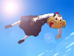 Rule 34 | 1girl, blonde hair, bow, bowtie, day, fangs, female focus, flying, hair bow, open mouth, red eyes, rumia, shirosato, sky, solo, touhou, upside-down