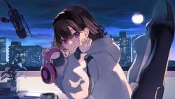 Rule 34 | 1girl, black hair, chair, city lights, cityscape, closed mouth, cup, female focus, from side, full moon, gaming chair, hairband, headphones, headphones removed, holding, hood, hood down, hoodie, indoors, koi wa yozora wo watatte, long sleeves, looking at viewer, looking to the side, microphone, moon, mug, night, official art, plant, potted plant, purple eyes, short hair, shugao, smile, solo, swivel chair, white hoodie