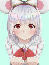 Rule 34 | 1girl, :t, animal ears, blush, bow, bowtie, brooch, closed mouth, from above, granblue fantasy, grey hair, hair bow, hands up, heart, heart brooch, jewelry, light blue background, looking at viewer, medium hair, momo3pengin, mouse ears, pout, pov, red bow, red bowtie, red eyes, shirt, solo, tareme, vikala (granblue fantasy), white shirt