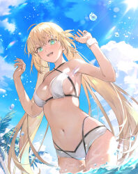 Rule 34 | 1girl, ahoge, arms up, artoria caster (fate), artoria caster (swimsuit) (fate), artoria caster (swimsuit) (first ascension) (fate), artoria pendragon (fate), bikini, blonde hair, breasts, fate/grand order, fate (series), green eyes, harupy, highres, long hair, medium breasts, navel, ocean, sunlight, swimsuit, twintails, wading, white bikini