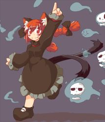 Rule 34 | 1girl, :3, animal ears, arm up, artist request, blush stickers, braid, cat ears, check artist, dress, fang, fang out, grey background, hitodama, kaenbyou rin, multiple tails, red hair, running, simple background, smile, solo, tail, touhou, wool (miwol)