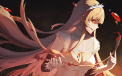 Rule 34 | 1girl, :q, bare shoulders, blonde hair, blood, blood on face, blood splatter, breasts, cleavage, cleavage cutout, closed mouth, clothing cutout, commentary request, crop top, dark background, dutch angle, fate/grand order, fate (series), frills, gloves, head tilt, holding, light, long hair, looking at viewer, medb (fate), medium breasts, olin (nienxddd), orange eyes, pink lips, profile, riding crop, shaded face, sidelocks, sideways glance, solo, straight hair, tiara, tongue, tongue out, underwear, very long hair, white gloves