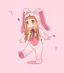 Rule 34 | 1girl, :&lt;, animal costume, blush, blush stickers, bow, brown eyes, brown hair, rabbit costume, chibi, closed mouth, eyebrows, full body, highres, ichihara nina, idolmaster, idolmaster cinderella girls, kamille (vcx68), long hair, looking away, pink background, simple background, sleeves past wrists, solo, twintails, yellow bow