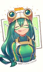 Rule 34 | 1girl, artist name, asui tsuyu, bodysuit, boku no hero academia, closed eyes, closed mouth, commentary, cropped torso, facing viewer, goggles, goggles on head, green bodysuit, green hair, hair between eyes, long hair, low-tied long hair, mecyo (mamezurushiki), solo, superhero costume, symbol-only commentary, tongue, tongue out, upper body