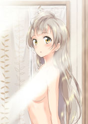Rule 34 | 10s, 1girl, blush, breasts, brown eyes, censored, convenient censoring, grey hair, large breasts, light censor, light rays, long hair, looking at viewer, love live!, love live! school idol project, minami kotori, nude, parted lips, solo, standing, yagyuu hato
