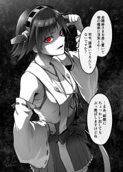 Rule 34 | 1girl, bare shoulders, breasts, detached sleeves, ebiblue, finger to head, flipped hair, gesugao, gloves, hair ornament, hairband, hand on own hip, headgear, hiei (kancolle), japanese clothes, kantai collection, looking at viewer, monochrome, nontraditional miko, open mouth, red eyes, shaded face, short hair, sidelocks, skirt, smile, solo, spot color, translation request, twitter username