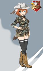 Rule 34 | 1girl, bad id, bad pixiv id, blue eyes, boots, camouflage, commentary request, cowboy boots, cowboy hat, cowboy western, dakku (ogitsune), feather hair ornament, feathers, full body, hair ornament, hat, head wings, orange hair, sleeves rolled up, solo, strike witches, strike witches 1991, tail, thighhighs, uniform, wings, world witches series