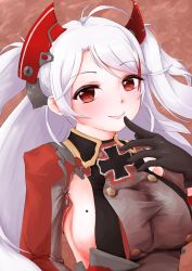 Rule 34 | 1girl, 2018, antenna hair, azur lane, black gloves, breasts, buttons, closed mouth, cross, dated, eyebrows, facing away, finger to mouth, gloves, hair intakes, headgear, iron cross, kujou ryuu, large breasts, lips, long hair, long sleeves, looking at viewer, mole, mole on breast, multicolored hair, no bra, no pupils, orange eyes, prinz eugen (azur lane), red hair, sideboob, signature, smile, solo, streaked hair, swept bangs, two-tone hair, two side up, upper body, white hair