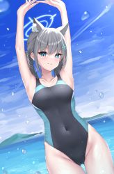 Rule 34 | 1girl, absurdres, animal ear fluff, animal ears, arms up, bare arms, blue archive, blue eyes, blue sky, blush, breasts, bright pupils, bubble, competition swimsuit, covered navel, cowboy shot, day, dutch angle, grey hair, groin, halo, highleg, highleg swimsuit, highres, looking at viewer, medium breasts, medium hair, mismatched pupils, ncontrail (mgax7527), one-piece swimsuit, outdoors, ponytail, shiroko (blue archive), shiroko (swimsuit) (blue archive), sidelocks, sky, smile, solo, standing, swimsuit, thighs, two-tone swimsuit, water, wet, white pupils