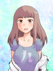 Rule 34 | 1girl, :d, arms at sides, artist name, blue background, blue shirt, blunt bangs, blurry, blush, bokeh, breasts, brown eyes, brown hair, cleavage, clothes writing, coat, collarbone, commentary, covered erect nipples, depth of field, duffel coat, highres, kikumaru bunta, kiruko (tengoku daimakyou), large breasts, light blush, long hair, off shoulder, open mouth, shirt, signature, smile, solo, t-shirt, tengoku daimakyou, thick eyebrows, translated, upper body, white coat