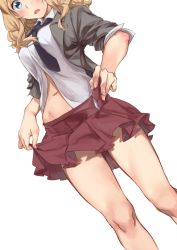 Rule 34 | 10s, 1girl, blazer, blue eyes, blush, breasts, clothes lift, dutch angle, geregere (lantern), girls und panzer, jacket, kay (girls und panzer), lifting own clothes, light brown hair, looking at viewer, medium breasts, navel, necktie, open fly, open mouth, saunders school uniform, school uniform, simple background, skirt, skirt lift, sleeves rolled up, solo, white background
