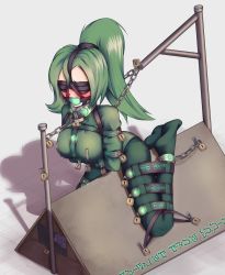 Rule 34 | 1girl, ball gag, bdsm, blindfold, blush, bodysuit, bondage, bound, bound ankles, breast zipper, breasts, chain, collar, commission, drooling, fixed vibrator, frogtie, fully bound, gag, gagged, gem, geomancer, green bodysuit, green gemstone, green hair, harness gag, helpless, high heels, highres, kagyakusetsu, large breasts, leash, lock, long hair, metal collar, neglect play, padlock, padlocked collar, ponytail, predicament bondage, restrained, runes, sensory deprivation, sex toy, solo, spread legs, stationary restraints, straitjacket, very long hair, vibrator, wooden horse, zipper