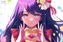 Rule 34 | 1girl, absurdres, artist name, blurry, blurry foreground, blush, brooch, closed mouth, commentary, confetti, dress, frilled dress, frills, hair between eyes, hair ornament, hair ribbon, heart, heart brooch, heart hands, highres, hira qw, hoshino ai (oshi no ko), instagram username, jewelry, long hair, looking at viewer, oshi no ko, parted bangs, pink dress, pink ribbon, purple eyes, purple hair, rabbit hair ornament, ribbon, sidelocks, simple background, smile, solo, star-shaped pupils, star (symbol), star hair ornament, swept bangs, symbol-shaped pupils, turtleneck, turtleneck dress, twitter username, upper body, white background