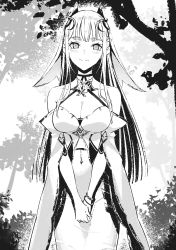 Rule 34 | 1girl, breasts, cleavage, cowboy shot, famepeera, female focus, greyscale, highres, kamigami ni sodate rare shimo no saikyou to naru, long hair, lowleg, lowleg skirt, monochrome, novel illustration, official art, own hands together, pencil skirt, skirt, solo, standing, stomach, very long hair