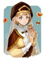 Rule 34 | 1girl, bag, black hat, border, brown hair, closed mouth, cookie, earrings, fire emblem, fire emblem: three houses, fon-due (fonfon), food, grey eyes, hat, heart-shaped cookie, highres, holding, holding bag, jewelry, long sleeves, looking at viewer, mercedes von martritz, nintendo, red ribbon, ribbon, smile, solo, thumbprint cookie, upper body, veil, white border