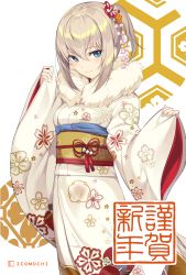 Rule 34 | 10s, 1girl, artist name, blonde hair, blue eyes, blush, closed mouth, commentary request, floral print, flower, fur collar, girls und panzer, hair between eyes, hair flower, hair ornament, hands up, highres, icomochi, itsumi erika, japanese clothes, kanzashi, kimono, long sleeves, looking at viewer, new year, obi, orange flower, pinching sleeves, ponytail, print kimono, red flower, sash, short ponytail, sidelocks, smile, solo, standing, tassel, white background, white kimono, wide sleeves