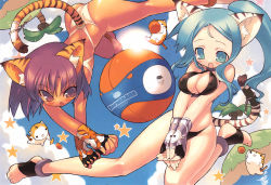 Rule 34 | 2girls, animal ears, animal print, ball, barefoot, beachball, bikini, blade (galaxist), breasts, breasts squeezed together, cat ears, cat tail, copyright name, falling, fingerless gloves, gloves, medium breasts, multiple girls, sky, sun, swimsuit, tail, tan, tiger ears, tiger print, tiger tail, toranoana, v arms, volleyball, volleyball (object)