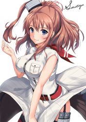 Rule 34 | 10s, 1girl, anchor, bare shoulders, belt, belt buckle, blouse, blue eyes, breast pocket, breasts, brown hair, buckle, character name, closed mouth, dress, drum magazine, funnel, garter straps, hair between eyes, kantai collection, large breasts, long hair, looking at viewer, magazine (weapon), neckerchief, pocket, ponytail, red belt, red neckerchief, red thighhighs, sakiyamama, saratoga (kancolle), shirt, side ponytail, simple background, smile, smokestack, solo, thighhighs, white background, white dress, white shirt, wind, wind lift