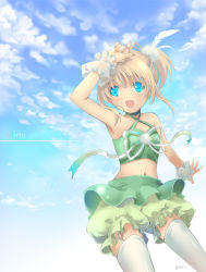 Rule 34 | aqua eyes, blonde hair, bloomers, day, feather hair ornament, feathers, hair ornament, halterneck, midriff, outdoors, pan (mimi), ribbon, side ponytail, solo, thighhighs, underwear, white thighhighs