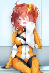 Rule 34 | 1girl, ^ ^, absurdres, ahoge, blush, bodysuit, breasts, chaldea combat uniform, cleavage, closed eyes, fate/grand order, fate (series), fujimaru ritsuka (female), fujimaru ritsuka (female) (chaldea combat uniform), hair between eyes, highres, medium breasts, official alternate costume, one side up, open mouth, orange bodysuit, orange hair, scrunchie, short hair, sitting, smile, solo, sweat, textless version, thighs, touko 56, towel, yellow scrunchie