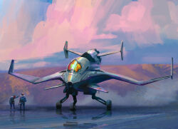 Rule 34 | 2boys, absurdres, aircraft, airplane, alien, aoki uru, canards, cloud, commentary, dusk, english commentary, fighter jet, highres, honneamise no tsubasa, jet, landing, landing gear, military vehicle, multiple boys, official style, original, purple sky, realistic, redesign, robots r4, science fiction, sky, spacecraft, starfighter