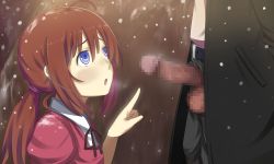 Rule 34 | blue eyes, blush, brown hair, censored, match uri no shoujo, open mouth, penis, ponytail, snow
