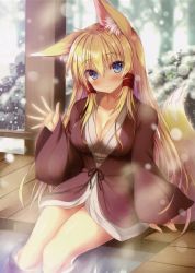 Rule 34 | 1girl, animal ear fluff, animal ears, blonde hair, blue eyes, breasts, cleavage, fox ears, fox girl, fox tail, hair between eyes, hair over breasts, hand up, highres, japanese clothes, kotone (tateha), large breasts, long hair, looking at viewer, onsen, original, photoshop (medium), ribbon, robe, scan, smile, snow, solo, tail, tateha (marvelous grace), thighs, winter