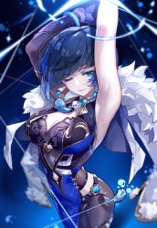Rule 34 | 1girl, absurdres, arm behind head, armpits, arms up, bangle, bare arms, blue hair, bob cut, bracelet, breasts, chinese clothes, cleavage, coat, cowboy shot, diagonal bangs, dice, earrings, feather-trimmed coat, fur coat, fur trim, gem, genshin impact, green eyes, green gemstone, highres, jewelry, large breasts, light blush, looking at viewer, neck tassel, one eye closed, short hair, single sleeve, smile, solo, tassel, tassel choker, yelan (genshin impact), zomzomzomsauce