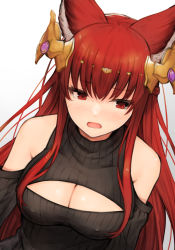Rule 34 | 1girl, alternate costume, animal ears, anthuria, arms at sides, bad id, bad pixiv id, bare shoulders, black sweater, blush, breasts, cleavage cutout, clothing cutout, covered erect nipples, detached sleeves, dutch angle, erune, granblue fantasy, hair ornament, highres, impossible clothes, koretsuki azuma, long hair, looking to the side, medium breasts, red eyes, red hair, ribbed sweater, solo, sweater, turtleneck, turtleneck sweater, upper body