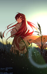 Rule 34 | 1girl, absurdres, backlighting, chubb, coat, commentary request, eris greyrat, grasslands, hair between eyes, highres, long hair, long sleeves, looking at viewer, looking back, mushoku tensei, red eyes, red hair, sky, smile, solo, sun, sunset, white coat
