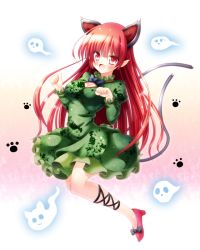 Rule 34 | 1girl, animal ears, breasts, cat ears, cat girl, cat tail, cleavage, cleavage cutout, clothing cutout, dress, extra ears, fang, female focus, floating skull, green dress, highres, juliet sleeves, kaenbyou rin, large breasts, leg ribbon, long hair, long sleeves, open mouth, osashin (osada), paw pose, paw print, puffy sleeves, red eyes, red hair, revision, ribbon, smile, solo, tail, touhou, very long hair