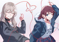 2girls ^_^ absurdres arm_up black_choker black_sweater blue_eyes blue_jacket blush brown_hair choker clenched_teeth closed_eyes clothes_writing collarbone commentary_request fur-trimmed_hood fur_trim girls_band_cry grey_background grey_hair highres hood hood_down iseri_nina jacket kawaragi_momoka long_hair long_sleeves low_twintails multicolored_hair multiple_girls one_eye_closed open_clothes open_jacket partial_commentary pinky_out plaid_clothes plaid_skirt red_skirt roots_(hair) send_(l_i_n_e_rock) shirt short_hair short_twintails sidelocks simple_background skirt smile string string_of_fate sweater teeth twintails twitter_thumbnail_collage upper_body white_shirt