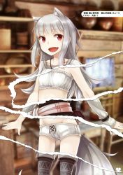 Rule 34 | 1girl, :d, absurdres, animal ears, ayakura juu, bandeau, belt bra, blurry, blurry background, boots, depth of field, dolphin shorts, extra ears, fang, fingernails, highres, indoors, jewelry, lingerie, long hair, looking at viewer, micro shorts, myuri (spice and wolf), necklace, open mouth, page number, page tear, red eyes, revealing layer, shinsetsu spice and wolf, shorts, smile, solo, spice and wolf, standing, tail, thighhighs, underwear, wolf ears, wolf tail