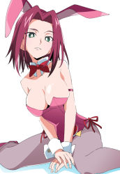 Rule 34 | 1girl, animal ears, bare shoulders, bow, bowtie, breasts, cleavage, code geass, collarbone, commentary request, detached collar, fake animal ears, green eyes, grey pantyhose, ixy, kouzuki kallen, large breasts, leotard, looking at viewer, pantyhose, parted lips, playboy bunny, rabbit ears, red bow, red bowtie, simple background, sitting, solo, white background