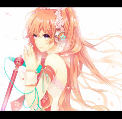 Rule 34 | 1girl, alternate color, alternate hair color, cherry blossoms, detached sleeves, flower, hair flower, hair ornament, hatsune miku, headset, kyama, letterboxed, long hair, microphone, nail polish, name connection, object namesake, pink eyes, pink hair, sakura miku, smile, solo, twintails, upper body, vocaloid