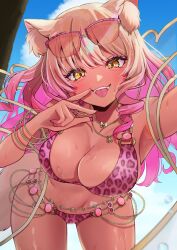 Rule 34 | 1girl, absurdres, animal ear fluff, animal ears, bikini, blue sky, blush, breasts, cleavage, colored inner hair, commentary request, dark-skinned female, dark skin, day, drill hair, eyewear on head, fangs, fate/grand order, fate (series), gyaru, hand up, highres, itsuki isshiki, jewelry, large breasts, leaning forward, light brown hair, looking at viewer, multicolored hair, necklace, outdoors, pink bikini, pink hair, pink nails, print bikini, sky, smile, solo, standing, suzuka gozen (fate), suzuka gozen (swimsuit rider) (fate), suzuka gozen (swimsuit rider) (second ascension) (fate), sweat, swimsuit, tail, tongue, twin drills, yellow eyes