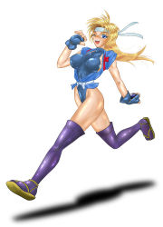 Rule 34 | 1girl, blonde hair, blue eyes, breasts, female focus, headband, japanese clothes, large breasts, leotard, martial champion, racheal, running, thighhighs, wink