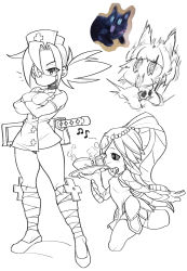 Rule 34 | 3girls, absurdres, bonesaw, bowl, breasts, cat, choker, cleavage, crossed arms, fish girl, hat, highres, large breasts, lineart, mask, meme, minette (skullgirls), monochrome, motion blur, motion lines, mouth mask, ms. fortune (skullgirls), multiple girls, musical note, neck bell, nurse cap, panties, ponytail, pouch, saw, shell hair ornament, skullgirls, smile, standing, steam, surgical mask, tray, underwear, valentine (skullgirls), waa153
