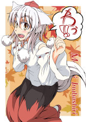 Rule 34 | 1girl, absurdres, abu207, abu (shoushin nanjaku line), animal ears, bare shoulders, blush, breasts, character name, detached sleeves, hat, highres, inubashiri momiji, leaf, leaf background, looking at viewer, open mouth, pom pom (clothes), short hair, silver hair, solo, speech bubble, tail, tokin hat, touhou, translation request, wolf ears, wolf tail, yellow eyes