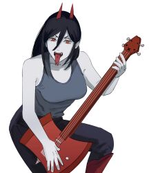 Rule 34 | 1girl, absurdres, adventure time, axe guitar, black hair, boots, chainsaw man, cosplay, cross-shaped pupils, forked tongue, grey tank top, guitar, hair between eyes, highres, horns, instrument, long hair, looking at viewer, marceline abadeer, marceline abadeer (cosplay), open mouth, pale skin, power (chainsaw man), red eyes, red footwear, red horns, sharp teeth, simple background, solo, symbol-shaped pupils, tank top, teeth, tongue, tongue out, white background, xyanaid