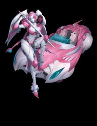 Rule 34 | 1girl, absurdres, arcee, big firebird toys, blue eyes, breasts, car, cleavage, highres, holding, holding sword, holding weapon, large breasts, lips, looking at viewer, mechamania, mhk (mechamania), motor vehicle, navel, nicee, official art, robot, simple background, smile, solo, sword, textless version, transformers, vehicle focus, weapon