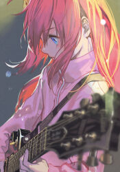 Rule 34 | 1girl, blue eyes, bocchi the rock!, electric guitar, gibson les paul, gotoh hitori, guitar, holding, holding instrument, hungry clicker, instrument, jacket, long hair, long sleeves, music, pink hair, pink jacket, playing instrument, profile, solo, track jacket, upper body