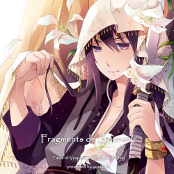Rule 34 | 00s, 1boy, androgynous, black eyes, black hair, character name, copyright name, flower, lily (flower), long hair, male focus, name connection, object namesake, solo, sword, tales of (series), tales of vesperia, veil, weapon, yuri lowell, zozakura