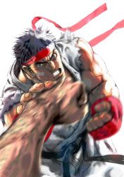 Rule 34 | absurdres, bandage on face, bandages, black hair, dougi, fingerless gloves, gloves, headband, highres, looking at viewer, male focus, muscular, official art, punching, ryu (street fighter), simple background, street fighter, street fighter ii (series), white background, yasuda akira