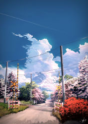 Rule 34 | blue sky, bus, cloud, day, fence, grass, highres, motor vehicle, no humans, original, outdoors, pole, railing, railroad crossing, railroad tracks, road, scenery, shade, sign, signature, sky, smile (qd4nsvik), still life, street, sunlight, translation request, tree